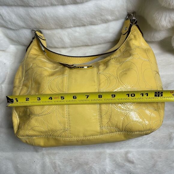 Coach patent leather yellow stitch logo shoulder bag with silver tone hardwares - Picture 8 of 14